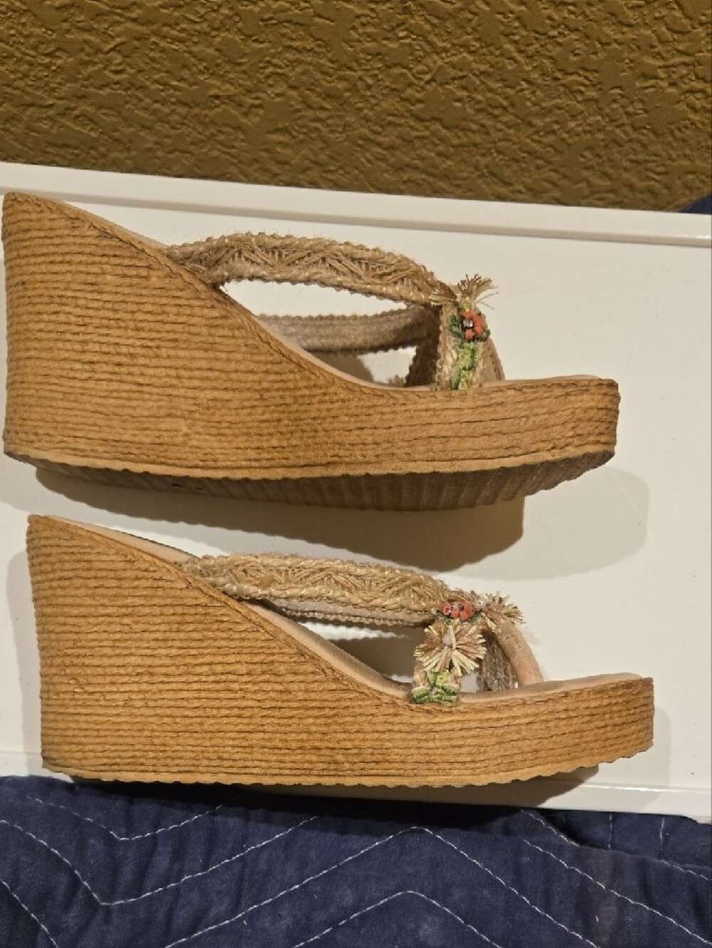 Sbicca Tan Rope Wedge Sandals with Floral Embellishments - Picture 4 of 9